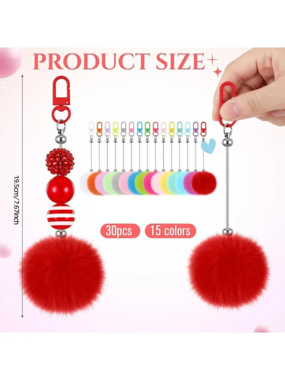 30 Pack DIY Beadable Keychain Bars with Pompom Balls - Fluffy Craft Gift Jewelry